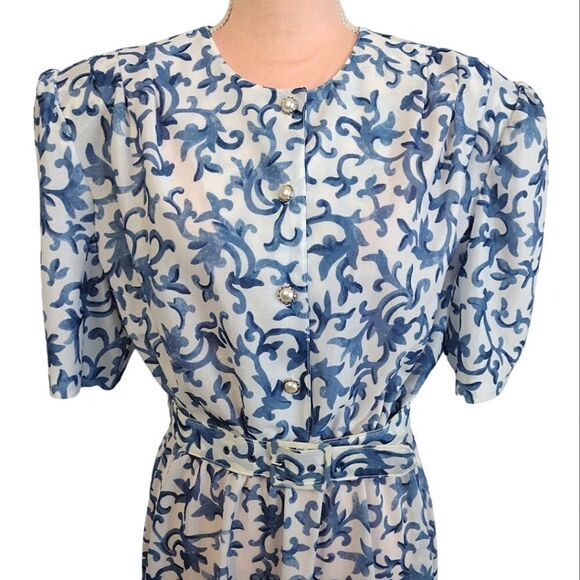 VTG 80s White Blue Floral Belted Midi Dress Size 20P *fits like XL Petite - Picture 2 of 16